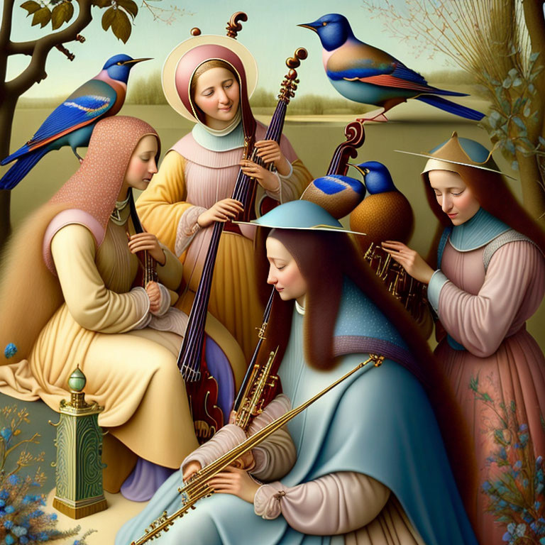 Medieval women playing instruments with bluebirds on golden background