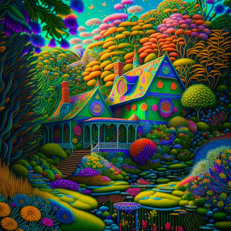 Whimsical cottage in vibrant, psychedelic landscape