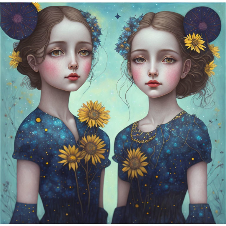 Twin girls in cosmic dresses with yellow flowers in starry setting