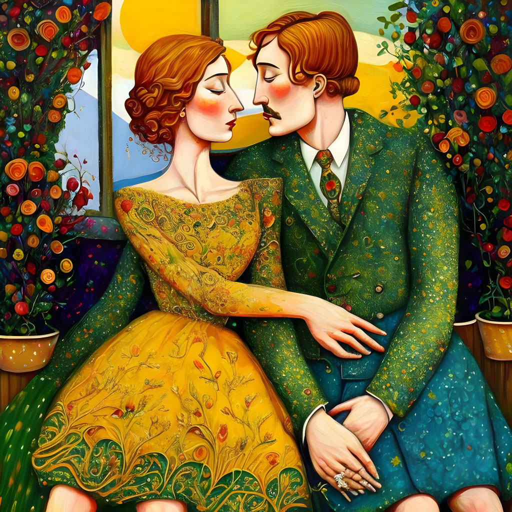 Vibrant painting of couple in vintage attire with floral backdrop