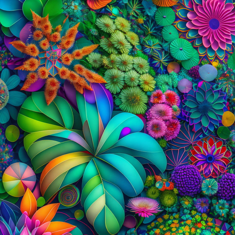 Colorful Digital Artwork: Vibrant Flowers & Plants in Lush Garden