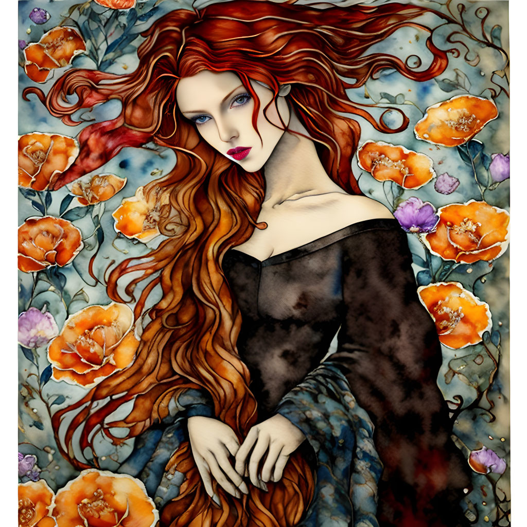 Illustration of woman with red hair among orange flowers