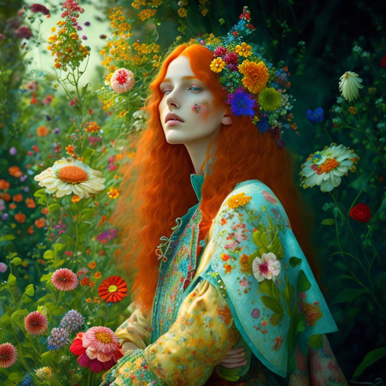 Woman with Red Hair and Floral Wreath in Lush Garden