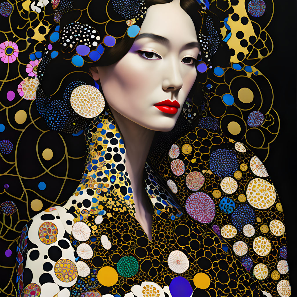 Stylized portrait of woman with porcelain skin, red lips, surrounded by gold floral patterns