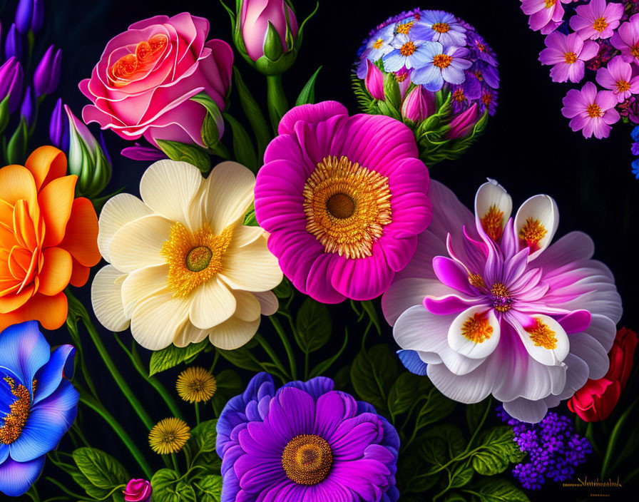 Colorful Rose and Daisy Bouquet on Dark Background