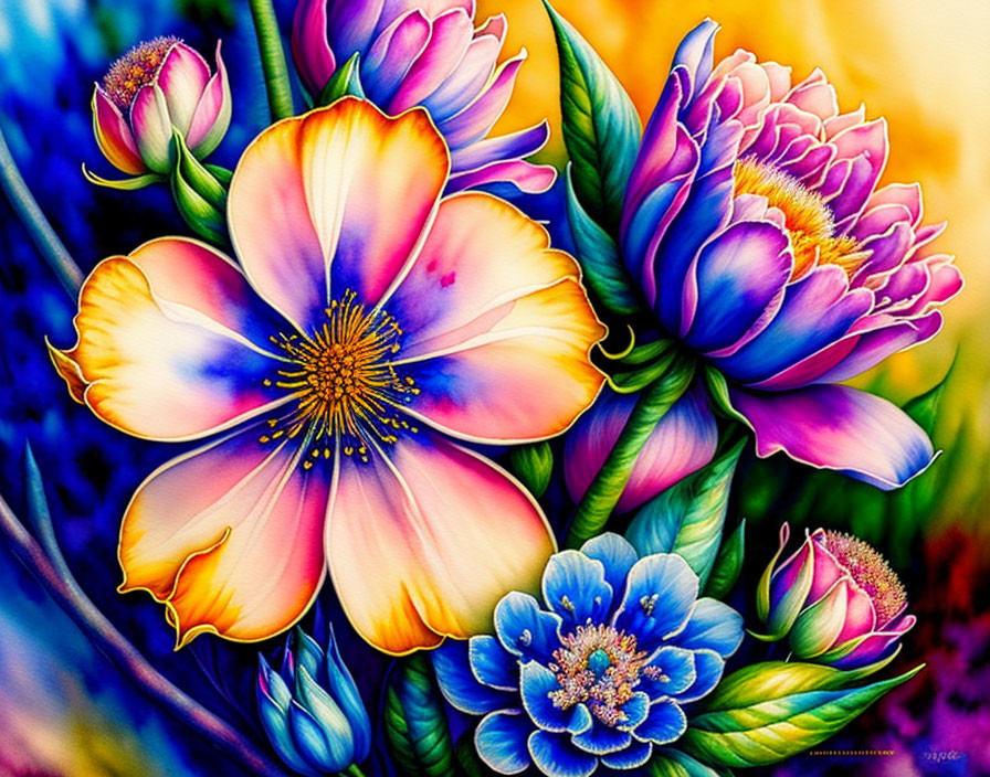 Colorful Illustrated Flower Bouquet with Pink, Blue, Yellow, and Purple Hues