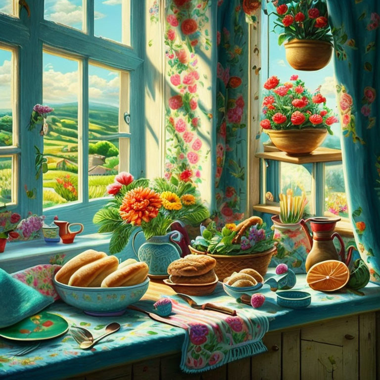 Illustration of cozy windowsill with bread, fruit, pottery, countryside view