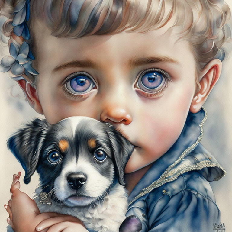 Close-up Illustration: Child with Blue Eyes Holding Tricolor Puppy