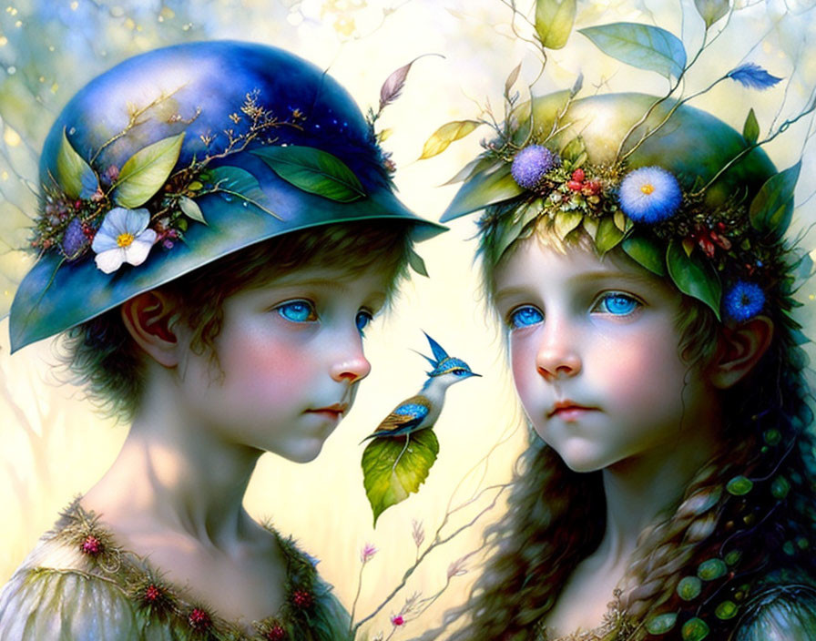 Children with flora and fauna headwear and a blue bird