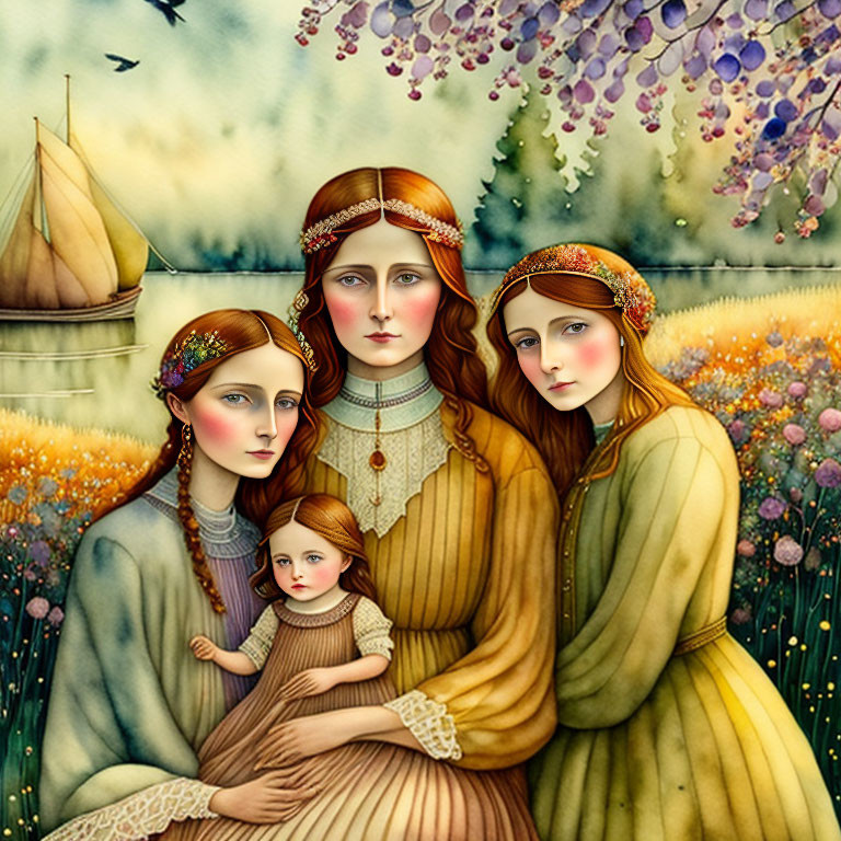 Ethereal vintage artwork of three women and a child in whimsical landscape
