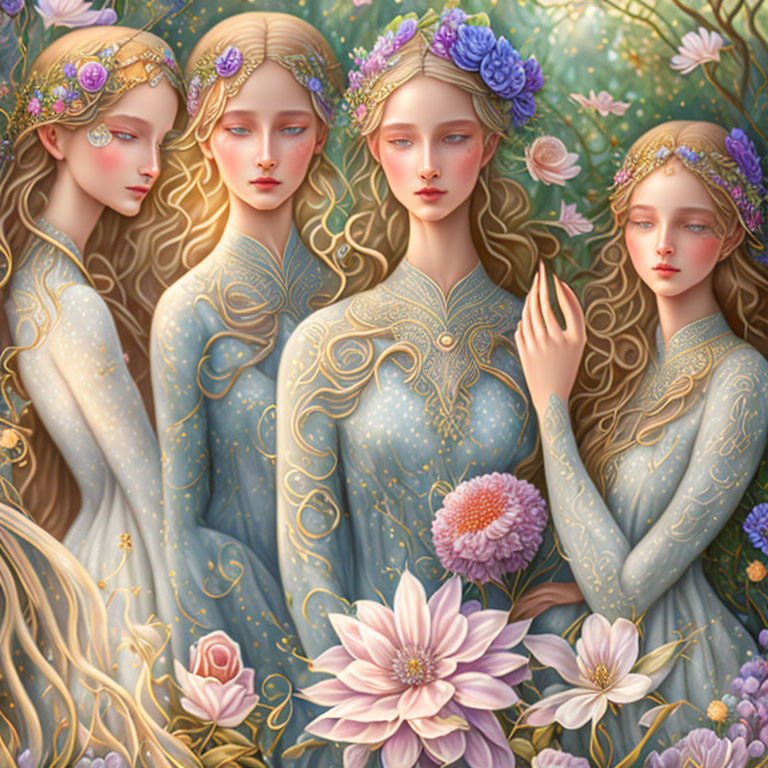 Ethereal women in floral crowns and blue gowns among lush flowers