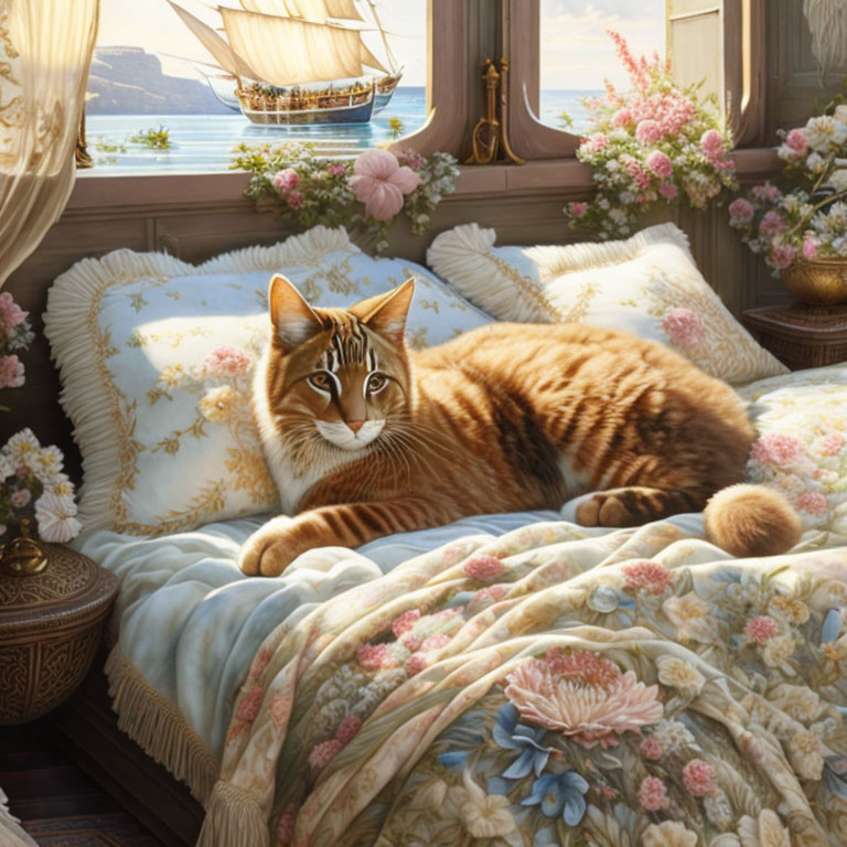 Tabby cat on floral bedspread by window overlooking sea with sailboat & blooming flowers.