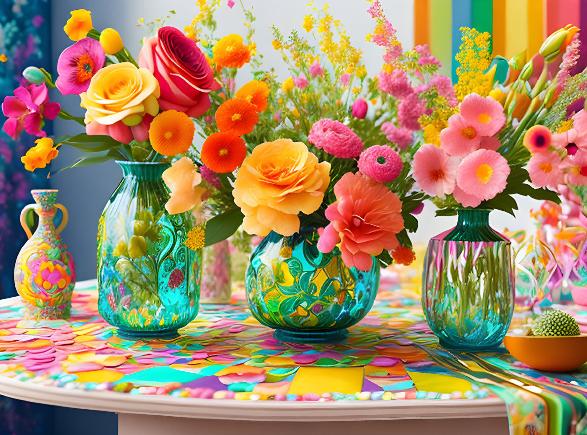 Vibrant floral arrangements on colorful table setting