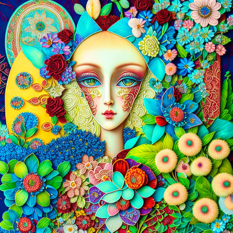 Colorful Flower Mosaic Surrounds Stylized Female Figure