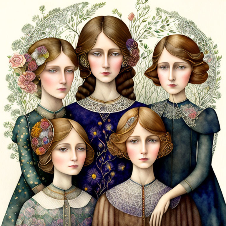 Symmetrical Victorian-era women in floral attire, green and blue palette