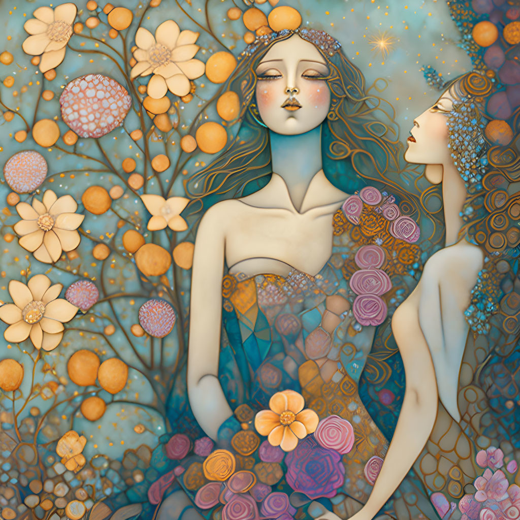 Stylized women with starry hair in celestial flower setting