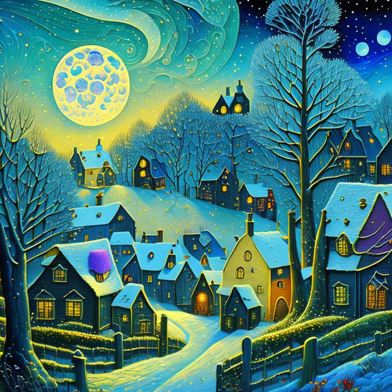 Vibrant winter village scene with moon, stars, and snow-covered trees