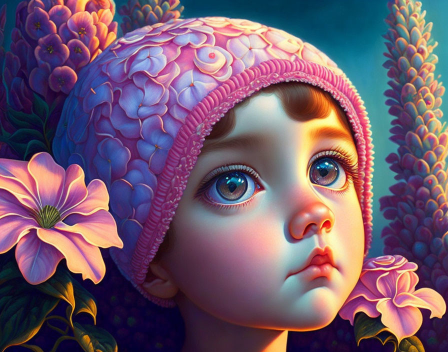 Colorful digital artwork: Child with expressive eyes in pink cap among purple flowers