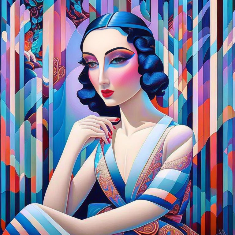 Colorful Art Deco-inspired portrait of a woman with blue-black hair and red lips on abstract background