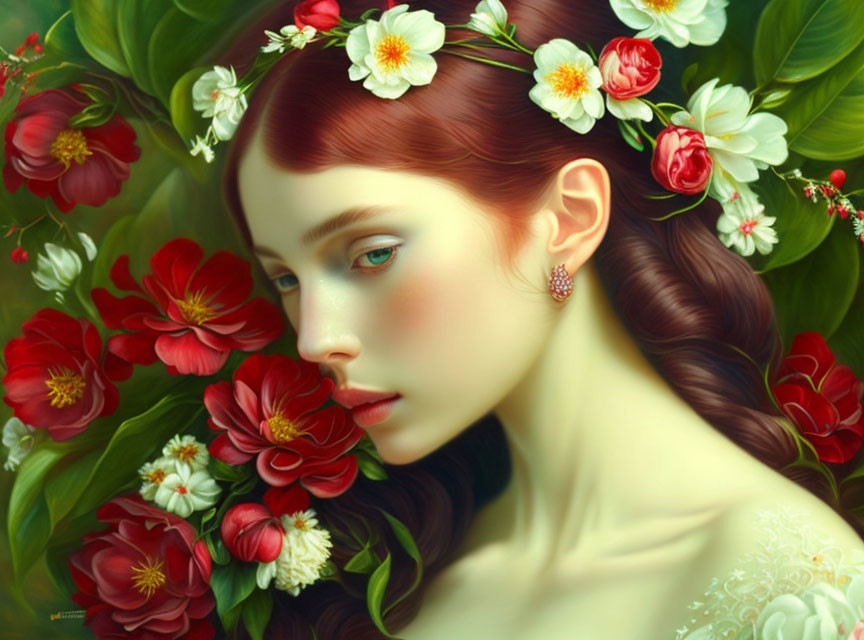 Serene woman with flowers in hair surrounded by lush red blossoms and greenery