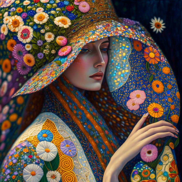 Colorful Woman Portrait with Floral Hat & Shawl, Intricate Designs