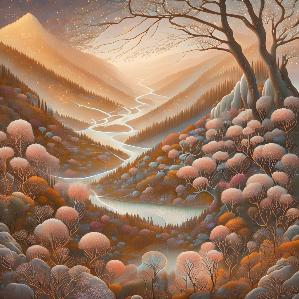 Tranquil autumn landscape with winding river and colorful trees at dusk.