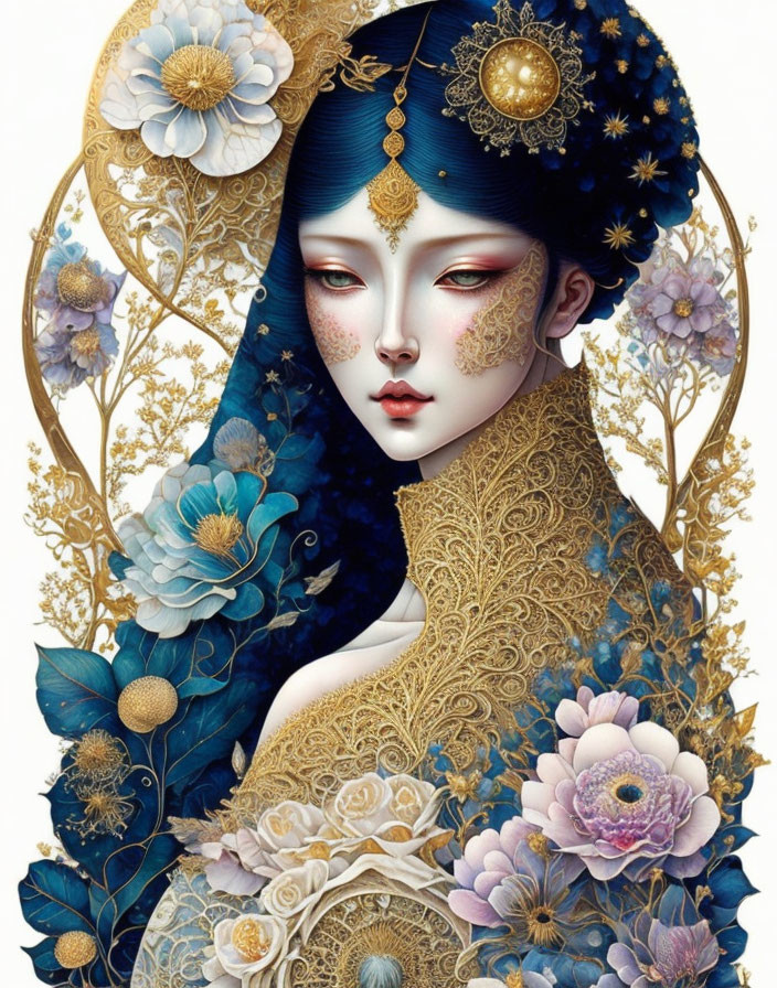 Illustrated portrait of woman with pale skin, dark blue hair, gold and floral details, against star