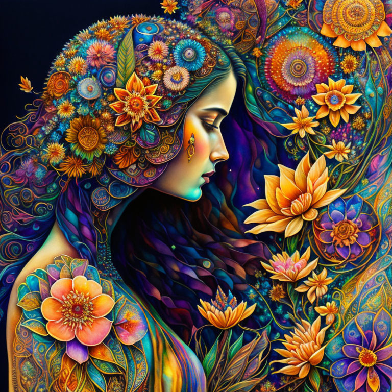 Colorful Floral and Mandala Patterns Adorn Woman in Vibrant Illustration