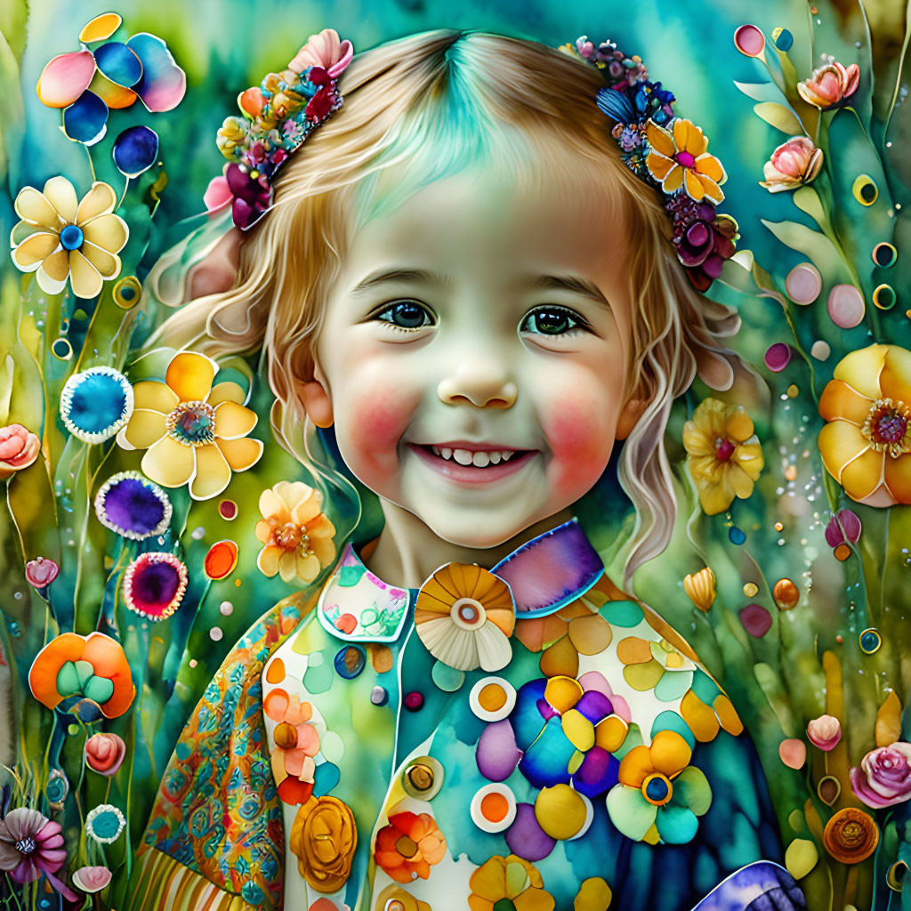 Smiling child in colorful floral outfit with vibrant flowers