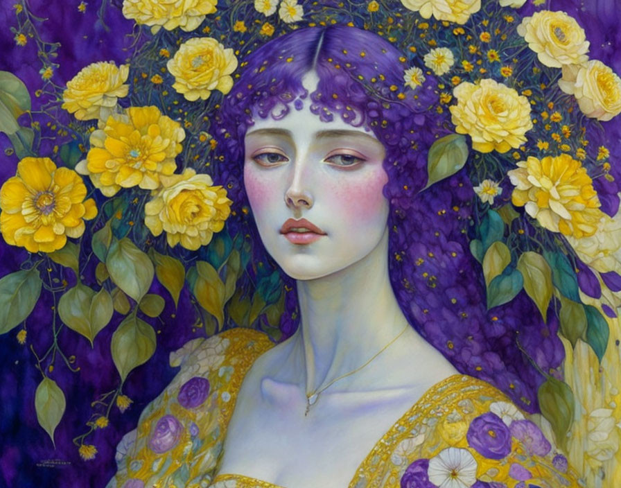 Violet-Haired Woman Surrounded by Yellow Flowers on Purple Background