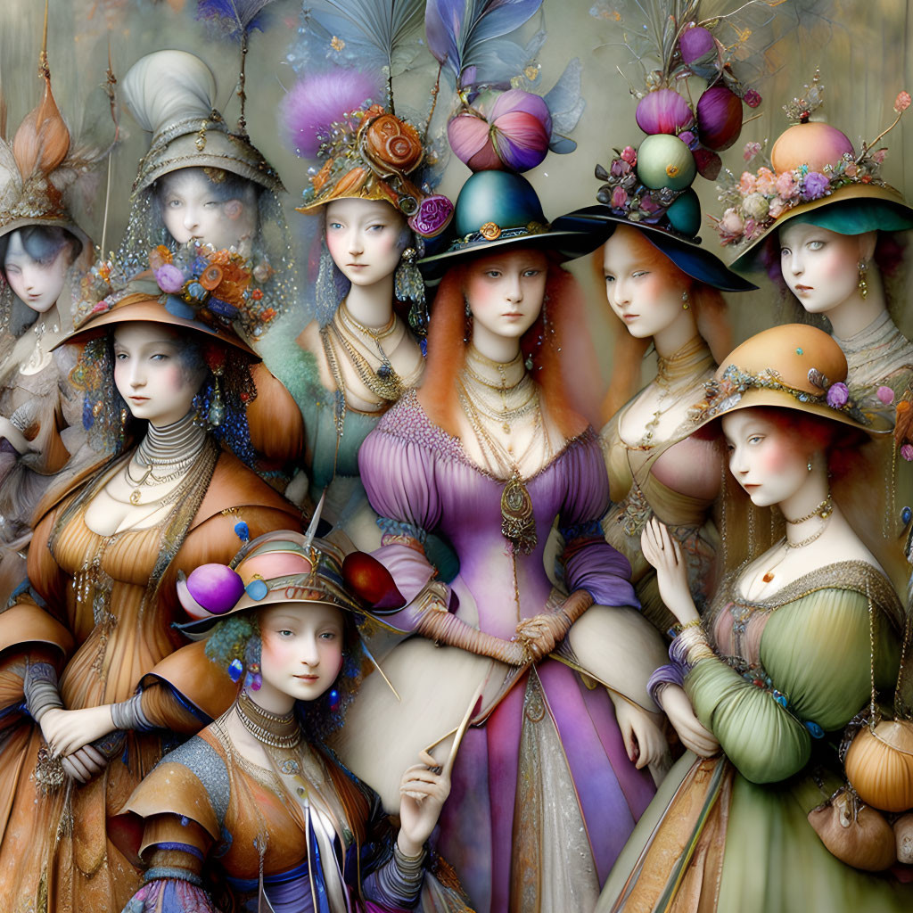 Victorian-era women in elegant attire with elaborate hats and fruits, showcasing ethereal beauty