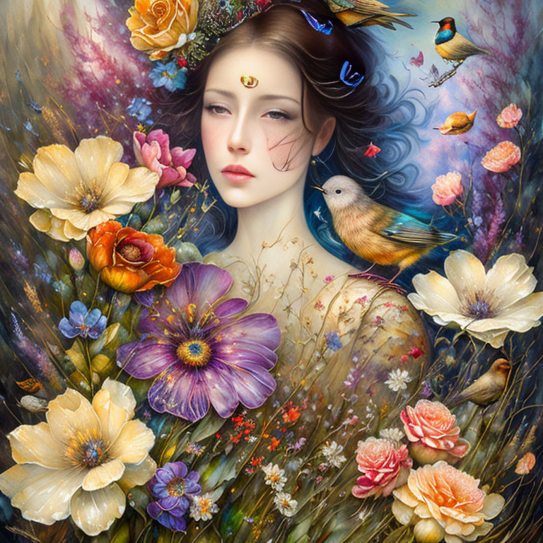 Surreal portrait of woman with flowers and birds in vibrant colors