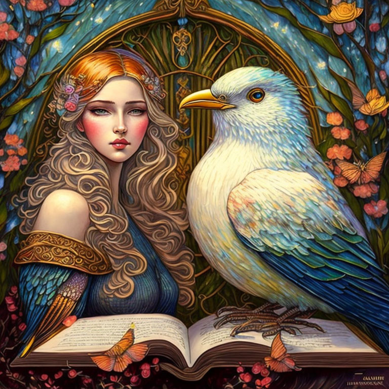 Fantasy portrait of woman with bird, flora, butterflies, book