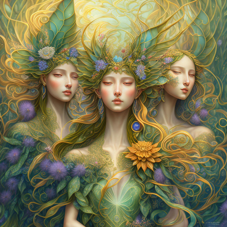 Surreal illustration of three serene women with floral and feather motifs