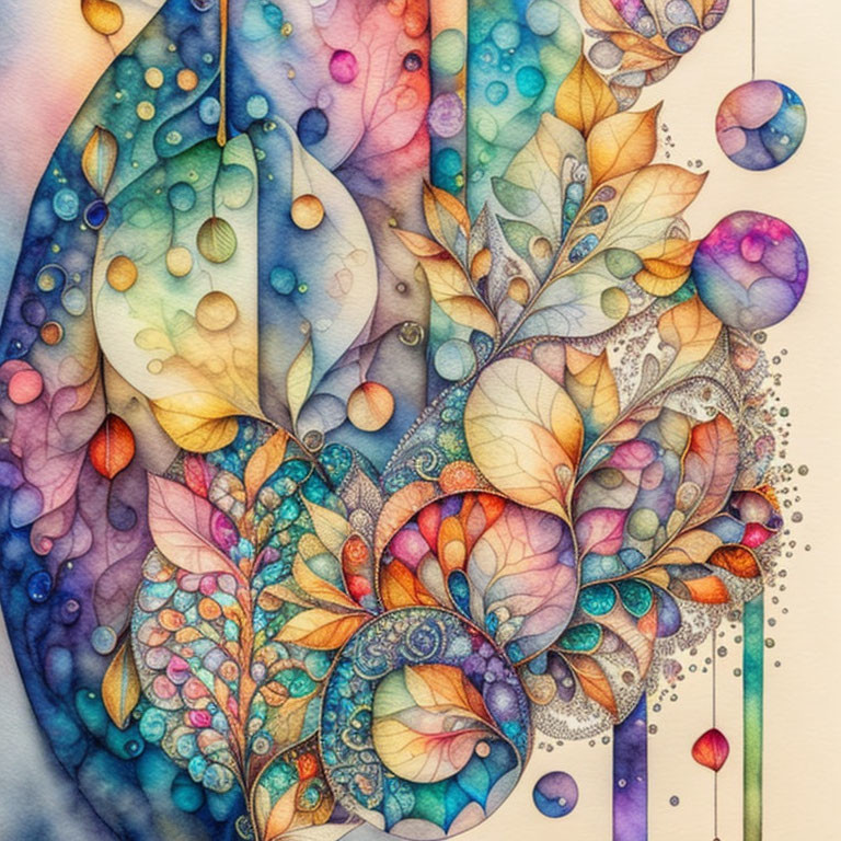 Colorful Watercolor Painting of Leaves and Bubbles in Warm and Cool Hues