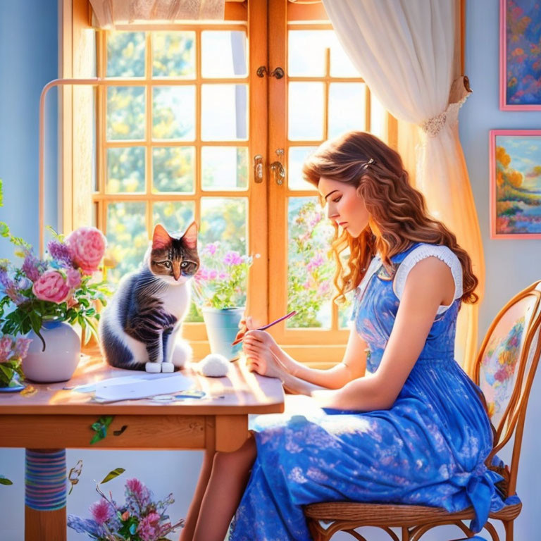 Woman in Blue Dress Writing at Sunny Window Table with Cat and Flowers