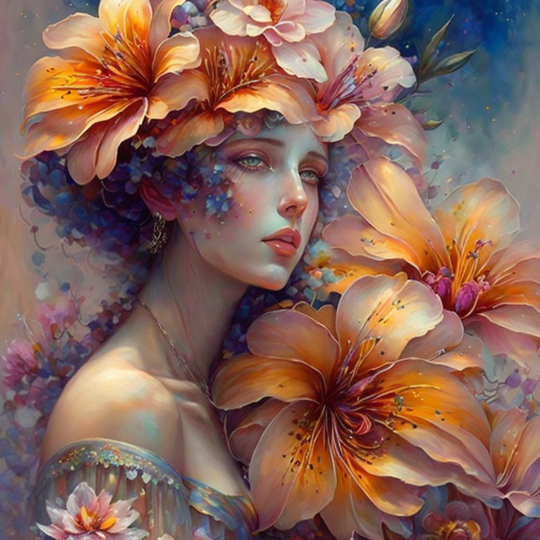 Ethereal portrait of woman with vibrant orange flowers