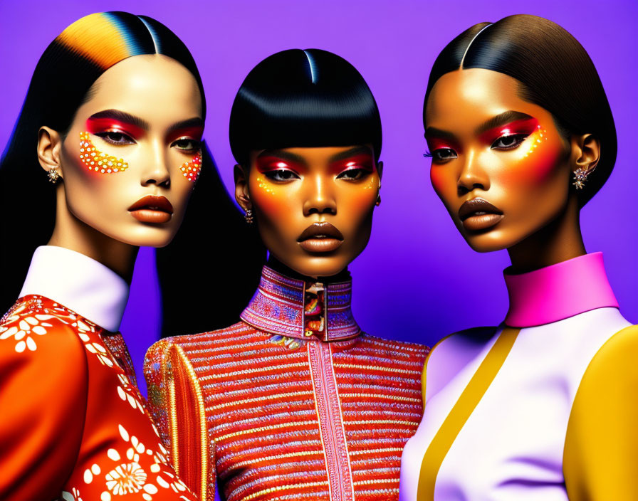 Vibrant makeup and stylish outfits on three women against purple backdrop