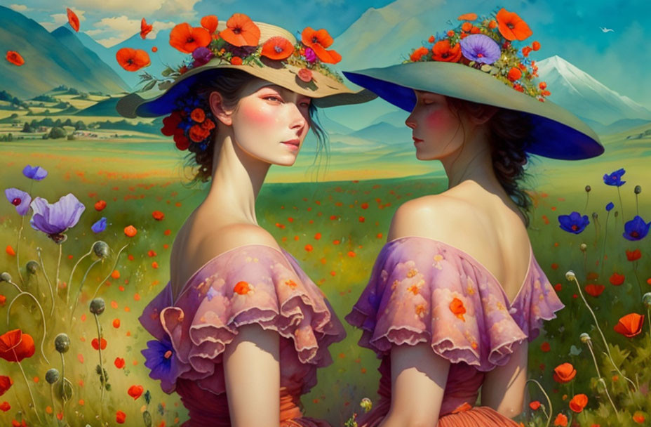 Two women in floral hats and purple dresses in poppy field with mountains.