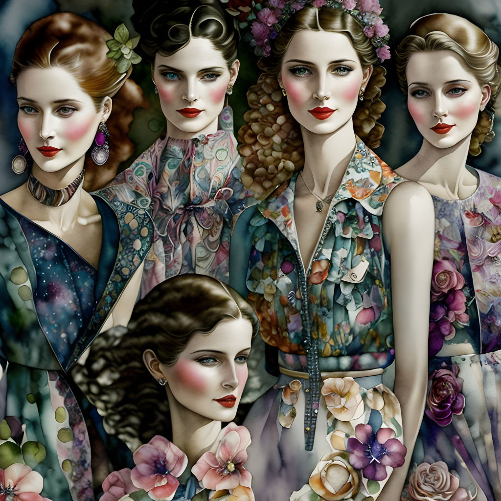 Five women in floral dresses with diverse expressions on dark backdrop