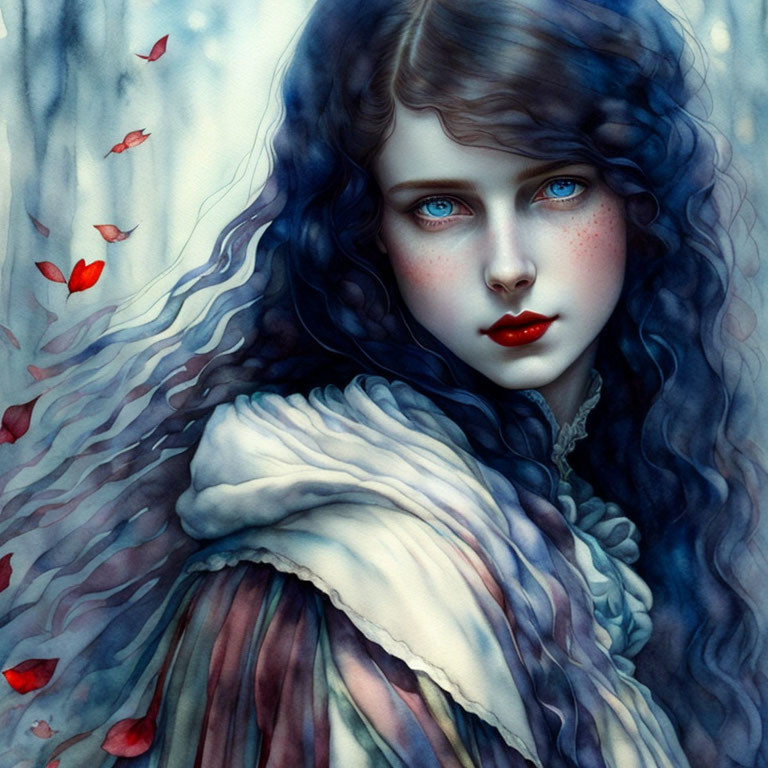 Portrait of woman with blue hair and eyes, red leaves backdrop, white fur collar.