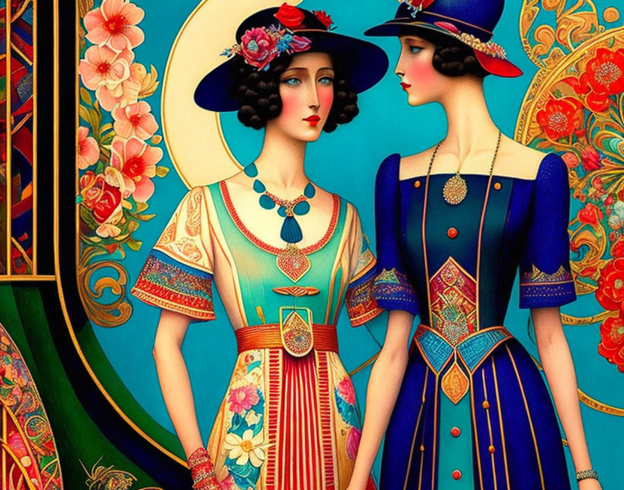 Illustrated women in vintage dresses with elaborate hats against floral backdrop