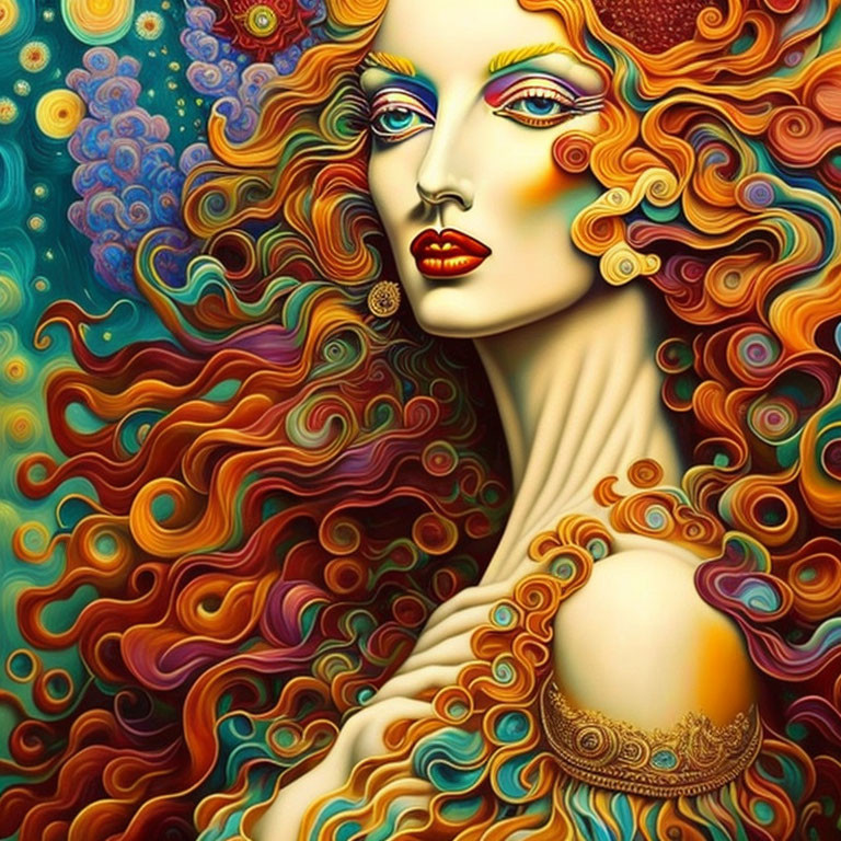 Vibrant portrait of a woman with flowing hair and abstract background