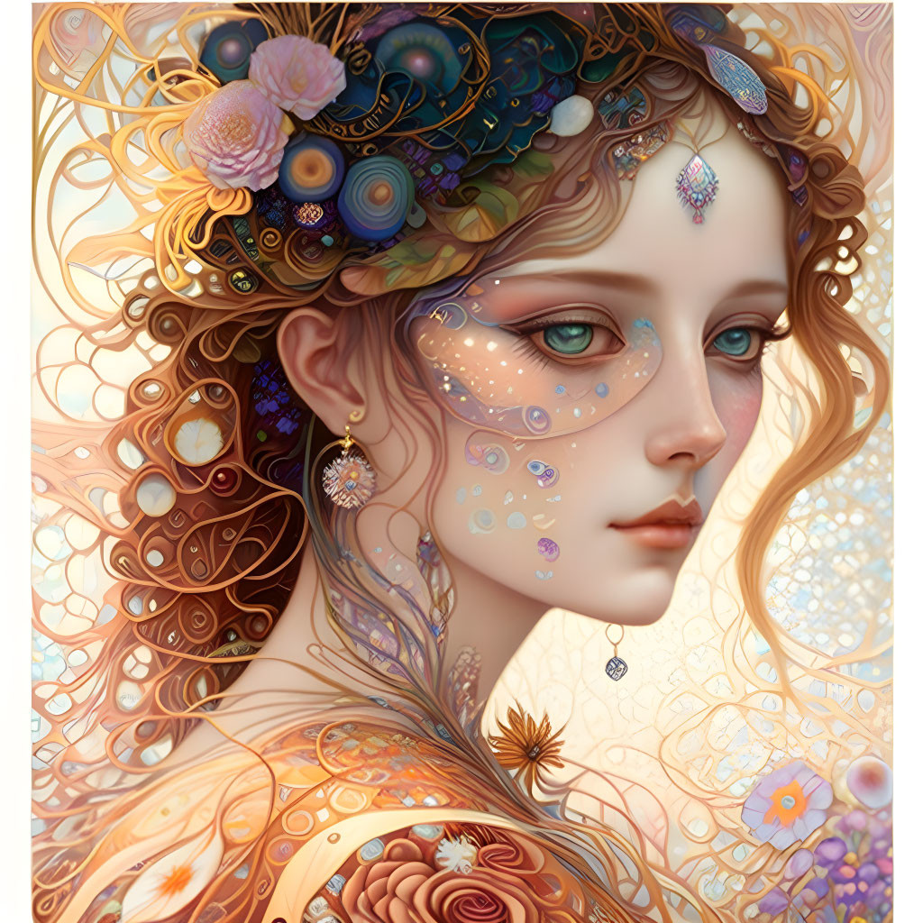 Detailed illustration of woman with floral and cosmic motifs in pastel colors