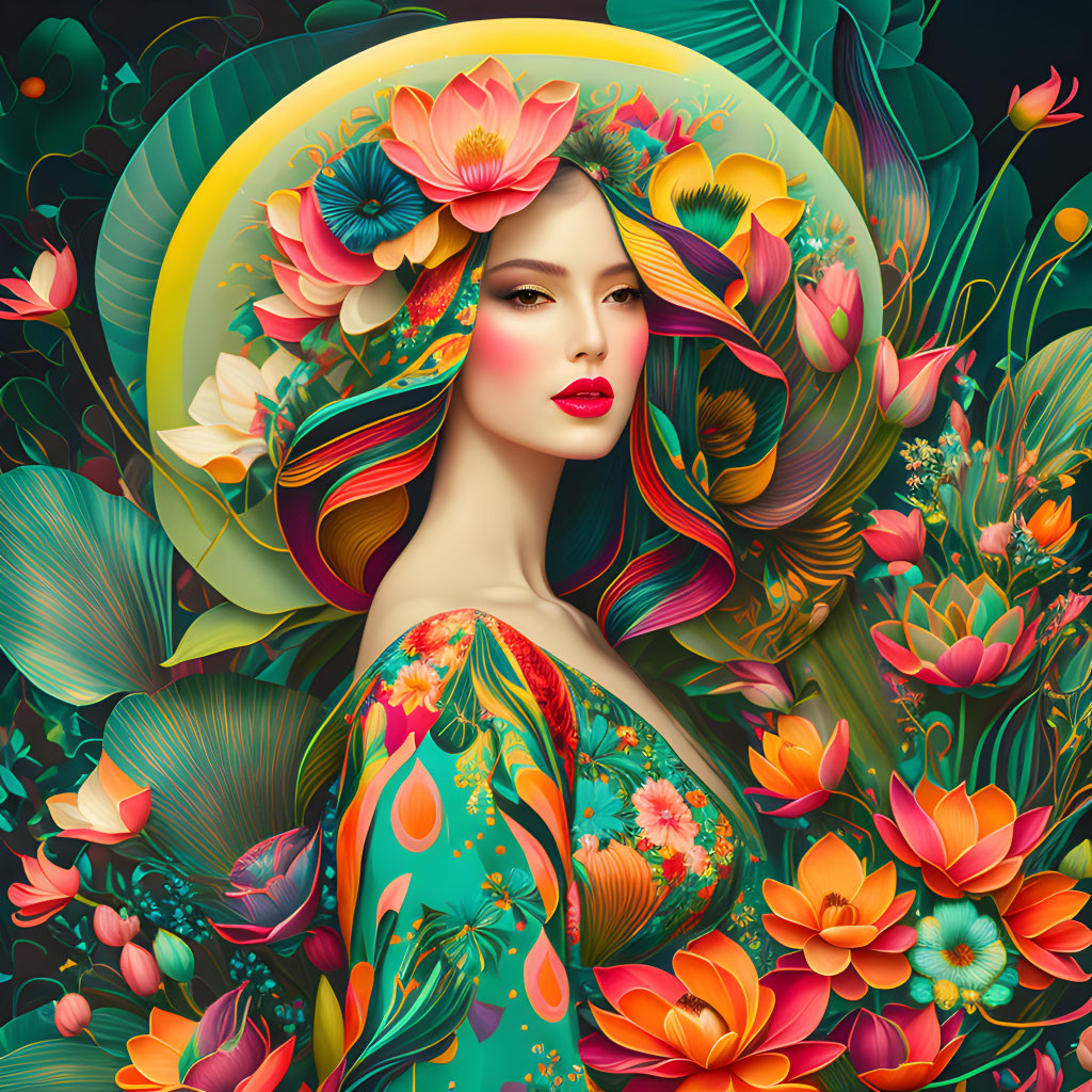 Woman in Vibrant Floral Attire Surrounded by Colorful Flowers