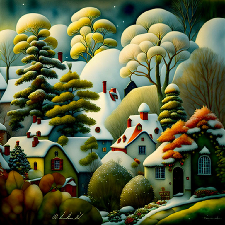 Snow-covered cottages and glowing windows in a whimsical winter scene