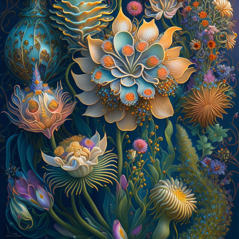 Fantastical floral digital art with vibrant colors and intricate textures