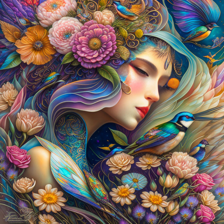 Colorful Illustration: Serene Woman with Flowers and Birds in Hair