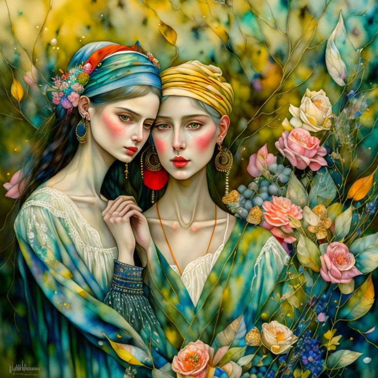 Ethereal women with ornate headwraps in vibrant floral backdrop