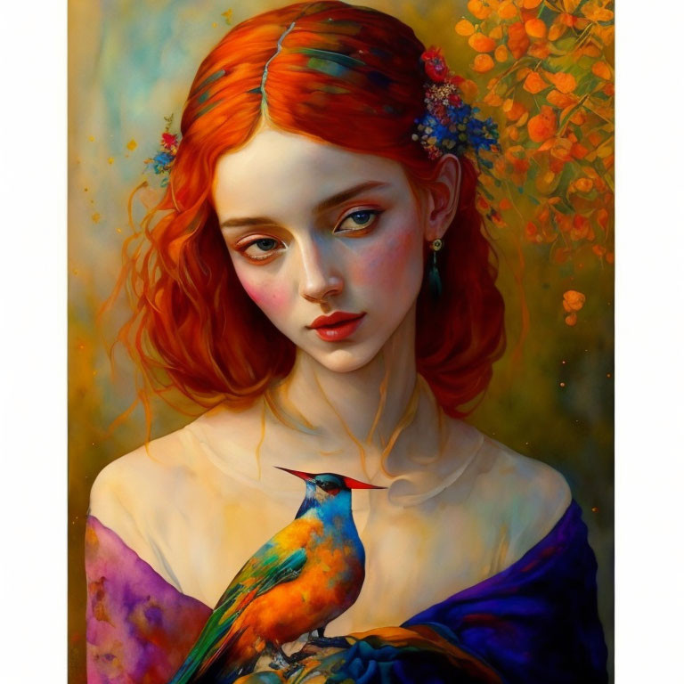 Red-Haired Woman with Flowers and Bird on Hand in Serene Painting